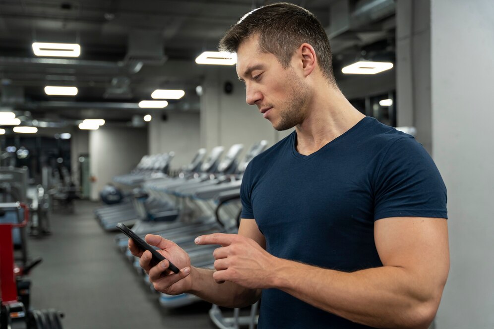 A gym owner runs a gym management system on his phone. Source: Freepik